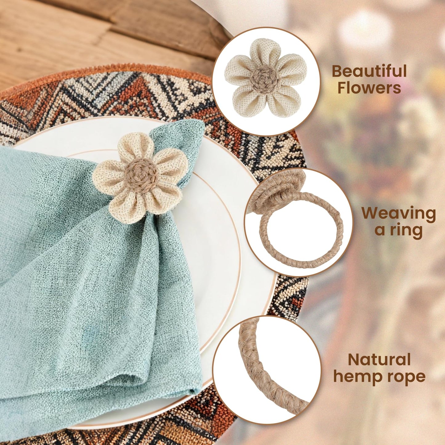Napkin Rings Set of 6 Handmade Rustic Napkin Rings Reusable Boho Napkin Ring for Elegant Dining Table Decoration Perfect for Christmas, Thanksgiving, Wedding, Holiday, Everyday Use