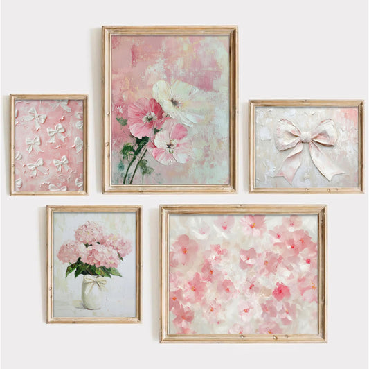 YFTTRYZ 5Pcs Pink Nursery Flower Wall Art Floral Bow Wall Decor Pink Hydrangea Posters Coquette Aesthetic Pictures Girl Room Prints for Girls Bedroom Dorm Apartment Home Unframed