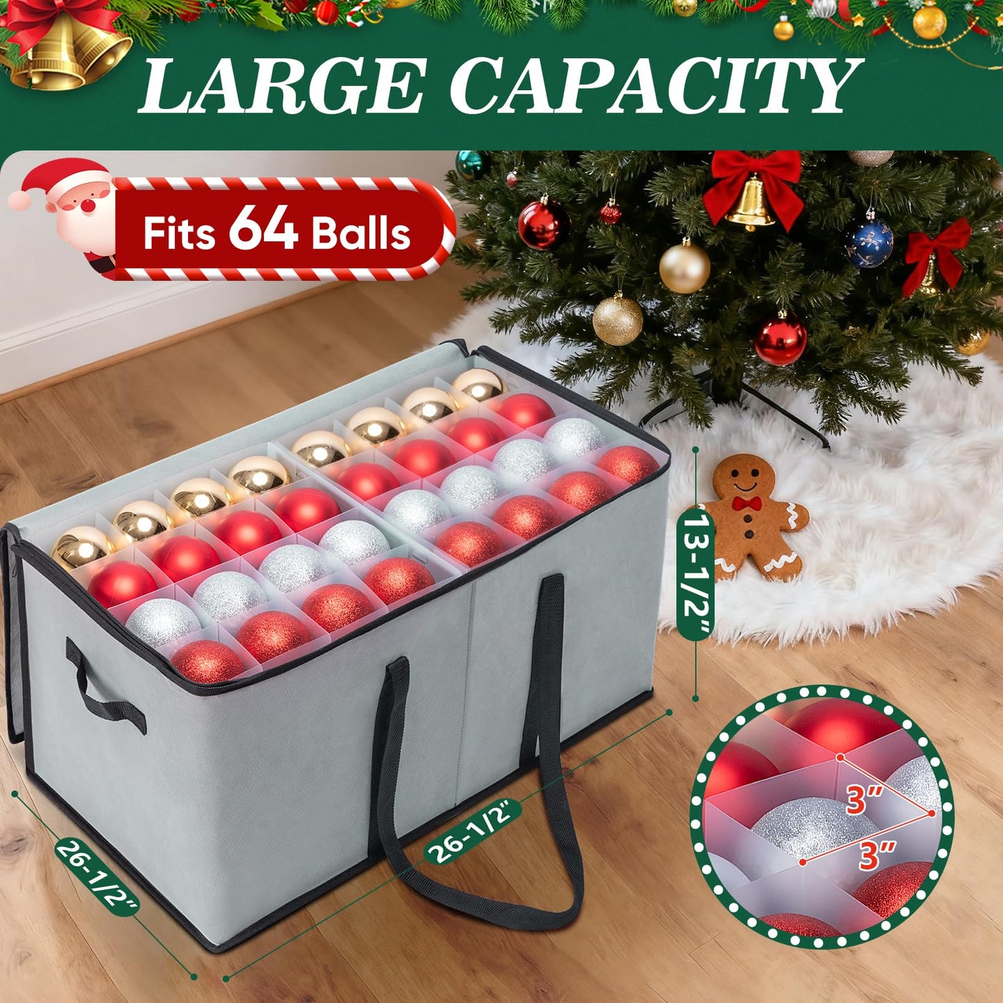 BALEINE Christmas Ornament Storage Box with Dividers, Premium Holiday Ornaments Storage Container Bin for Xmas Decorations (128 Ball, Grey, Soft)