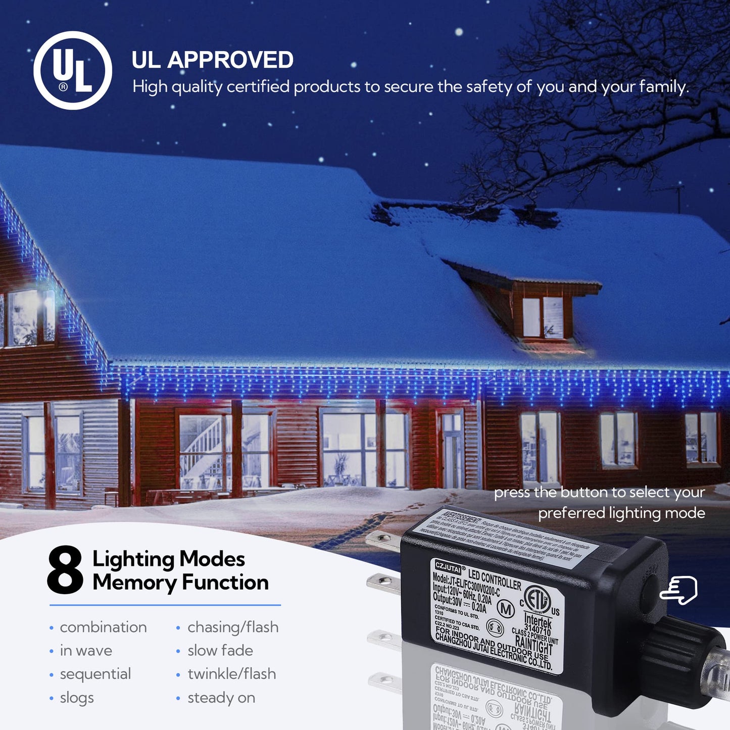 Hopolon 33FT 360L LED Christmas Icicle Lights Outdoor Waterproof,8 Modes Plug in Curtain String LIghts With 60 Drops,Christmas Lights for Wedding,Party,Bedroom,Home,Garden,Wall Decorations(Blue White)