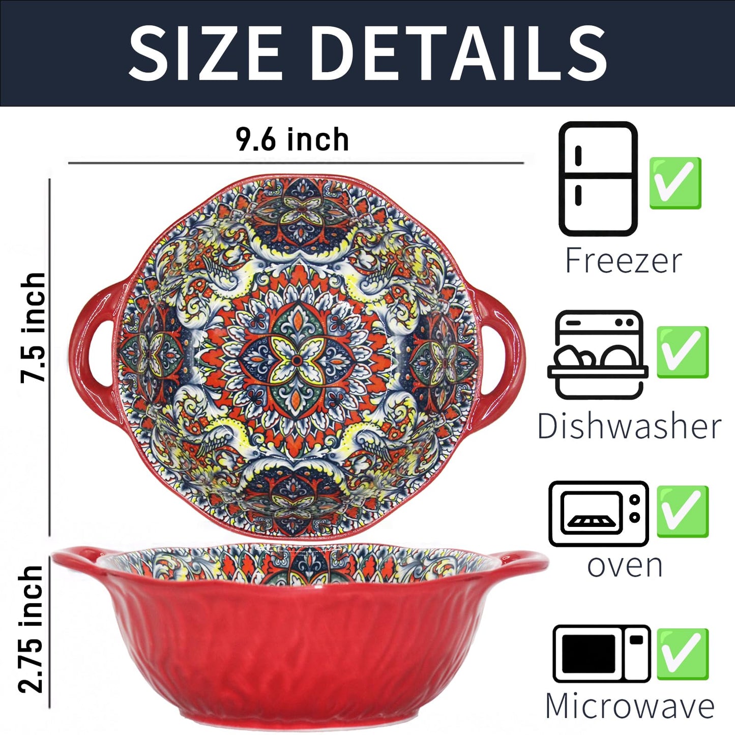 Ronanemon Bohemia Large Bowls with Handle, 40 oz Ceramic Soup Bowl for Salad, Pasta, Cereal,Fruit, Udon, Microwave & Dishwasher Safe (Red)
