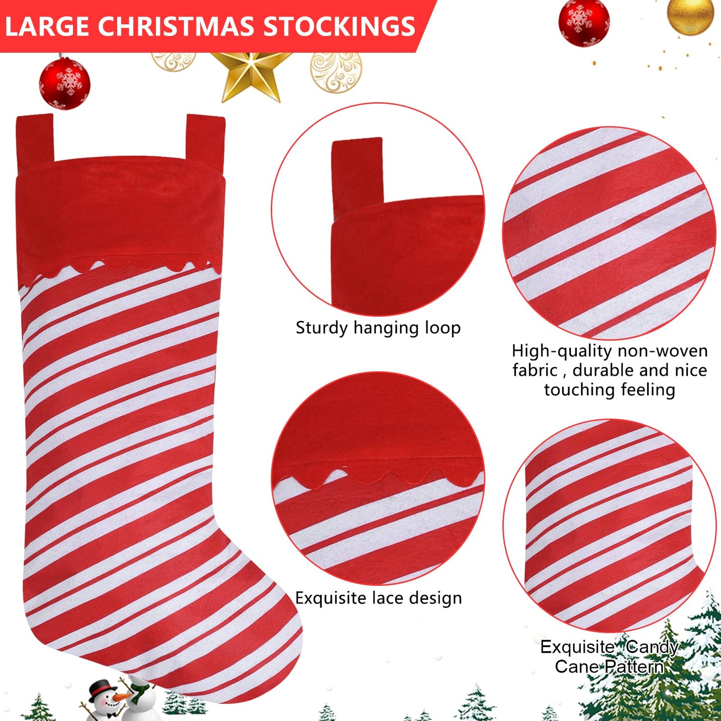 Asisca 2 Pack Jumbo Candy Cane Christmas Stockings, 38 Inches Large Red and White Felt Christmas Stockings for Xmas Tree Fireplace Hanging Decor and Holiday Party Family Home Decorations