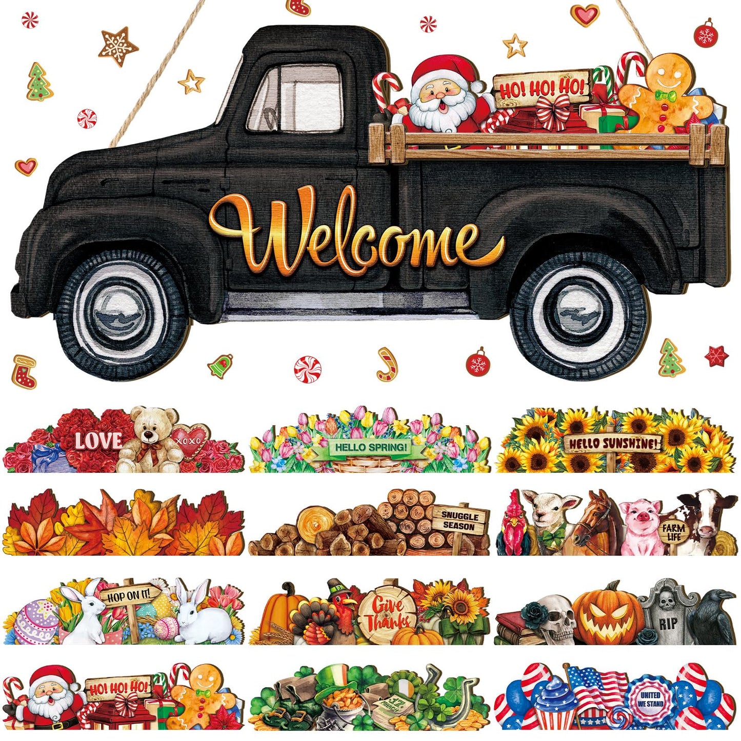 Ferraycle Independence Day Interchangeable Welcome Sign 4th of July Seasonal Truck Decor Door Signs with 12 Holiday Icons Rustic Farmhouse Interchangeable Holiday Decor(Black, Lateral Style)