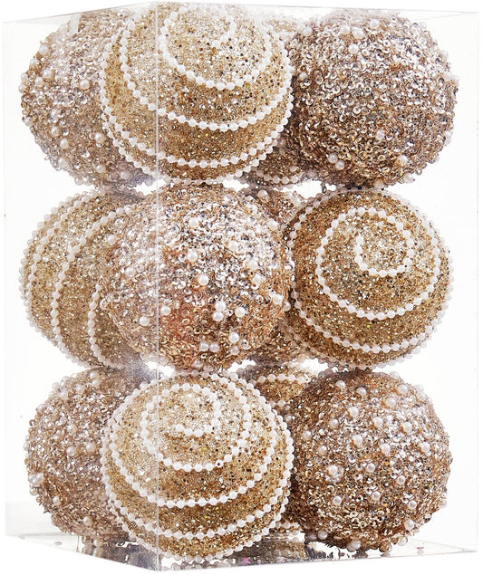 Champagne Gold Christmas Ball Ornaments, Christmas Ball Decorations Shatterproof Plastic Hanging Pearl Balls for Holiday Party(70mm/2.76", 12ct)