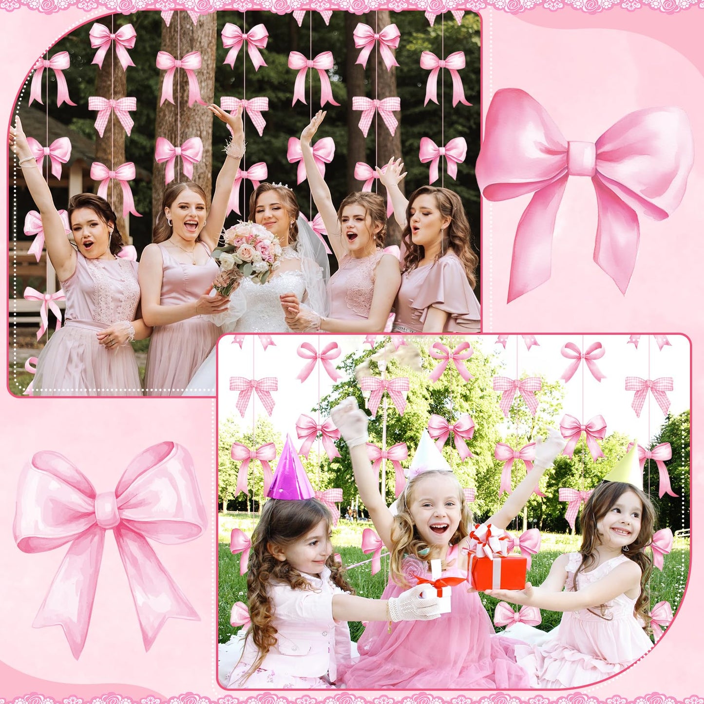 Daifunli 8 PCS Bow Decorations Bow Hanging Banners Garland Banners Paper Cutouts Ribbon Streamers for Birthday Bridal Engagement Bachelorette Wedding Party Decor(Pink)