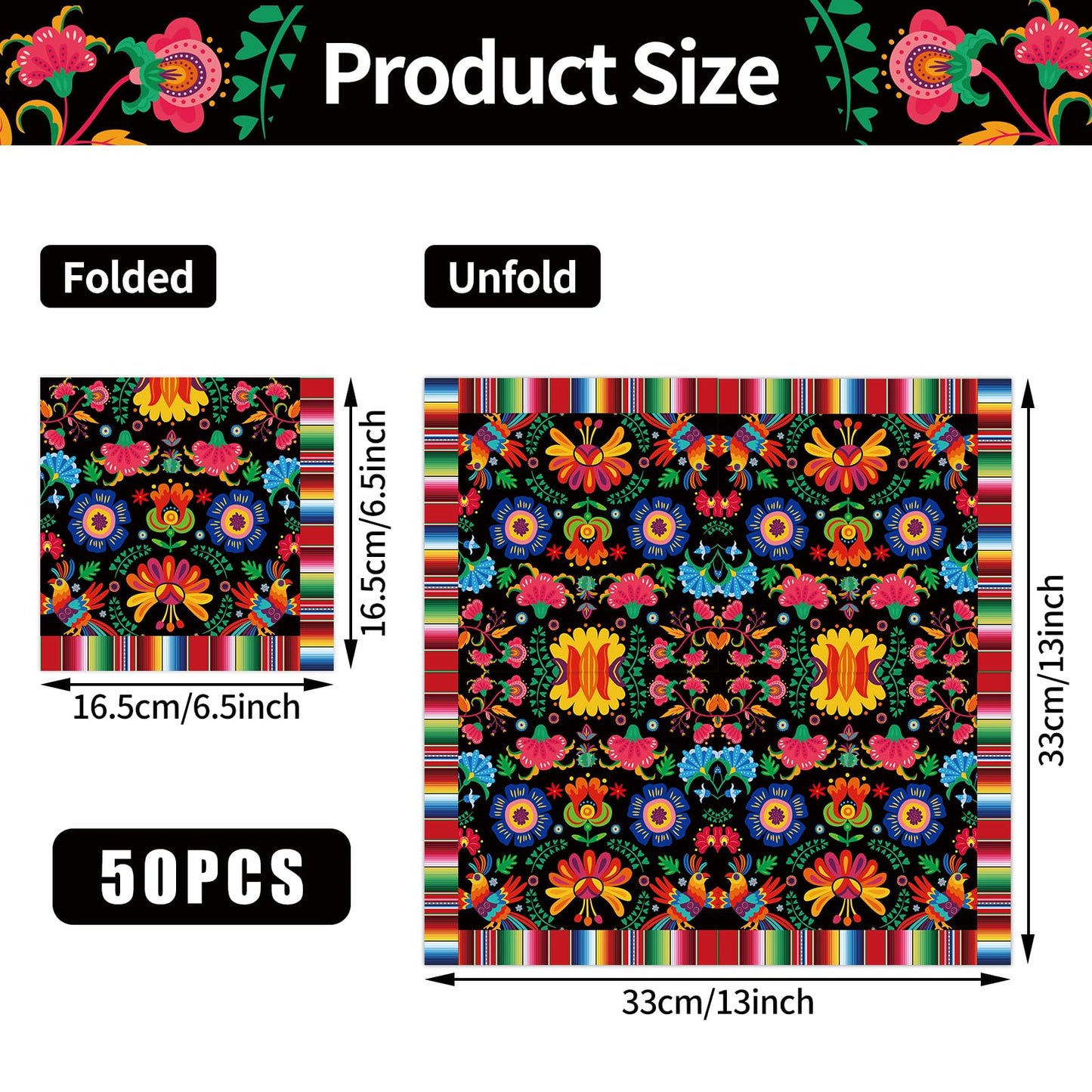 Pack of 50, Mexican Fiesta Napkins, Colorful Floral and Serape Stripe Design, Disposable Paper Napkins for Cinco de Mayo, Taco Night, Birthdays, Mexican-Themed Party Supplies, 13x13 Inches Unfolded