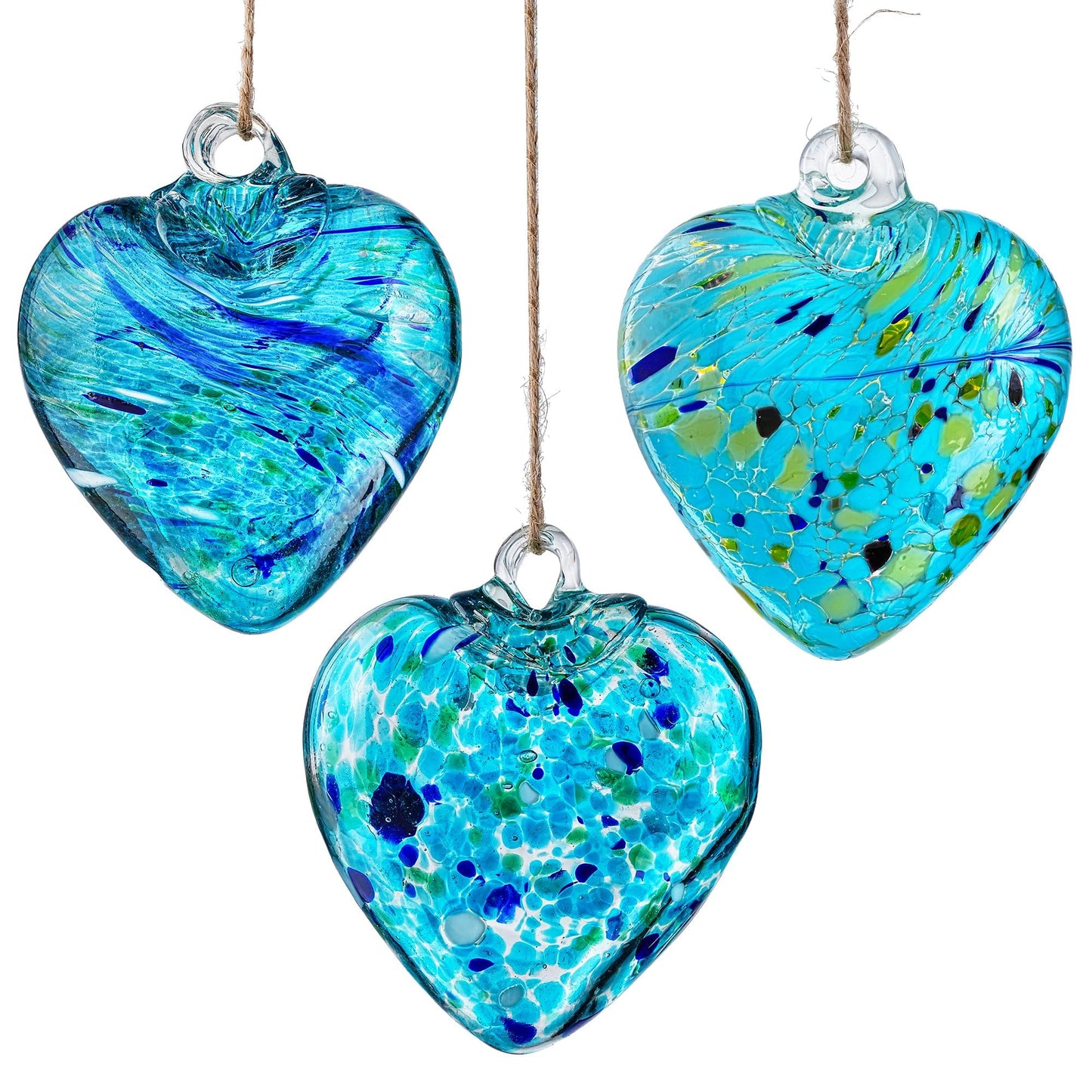 Set of 3 Handmade Glass Heart Ornaments 3.5 Inch Hanging Decoration for Home Garden Wedding Party Decor