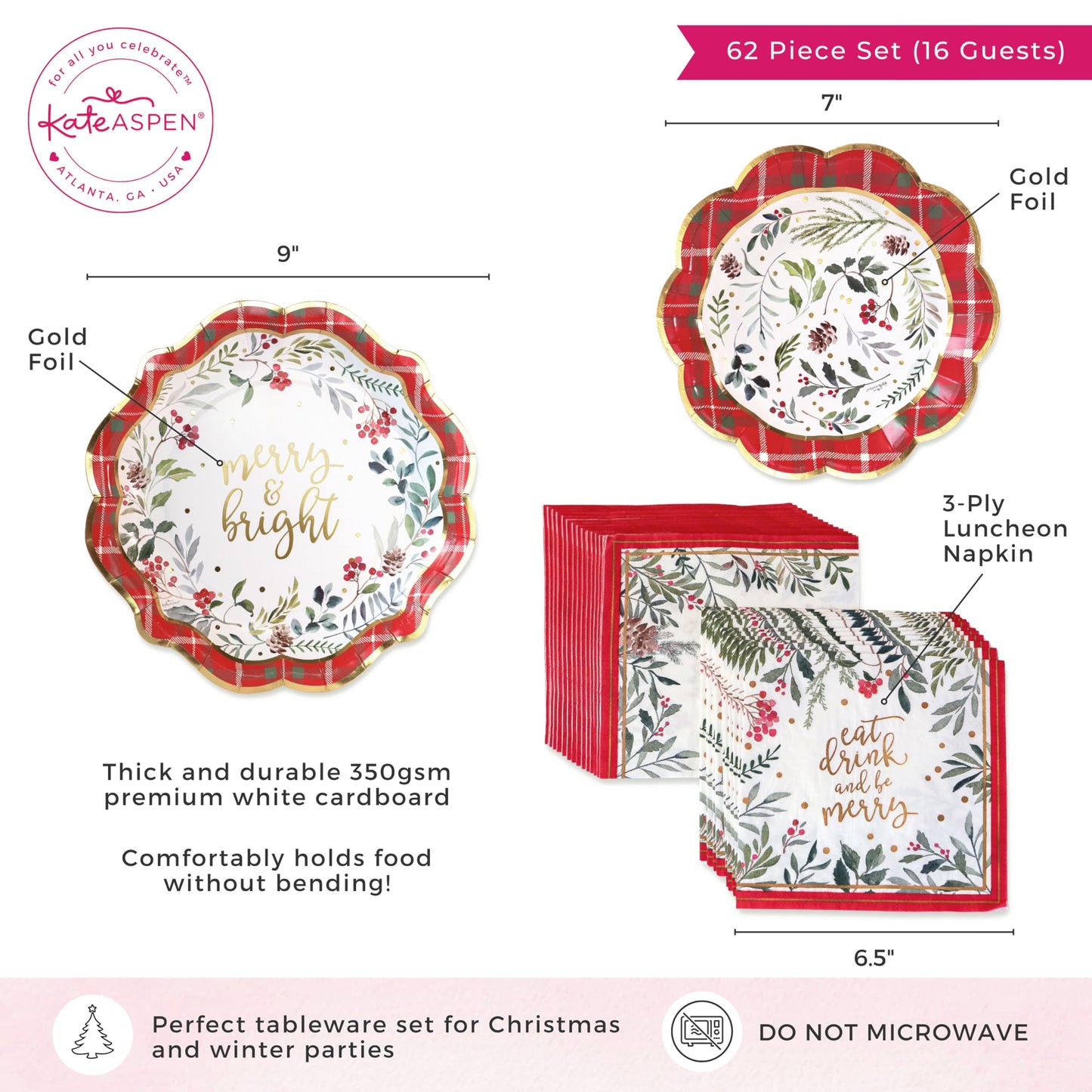 Kate Aspen 62pc Christmas Tableware Set Holiday Dinner Party Kit - 16pcs 7 inch & 9 inch Heavy Duty Disposable Party Plates, 30pcs 6.5 inch Durable Paper Napkins
