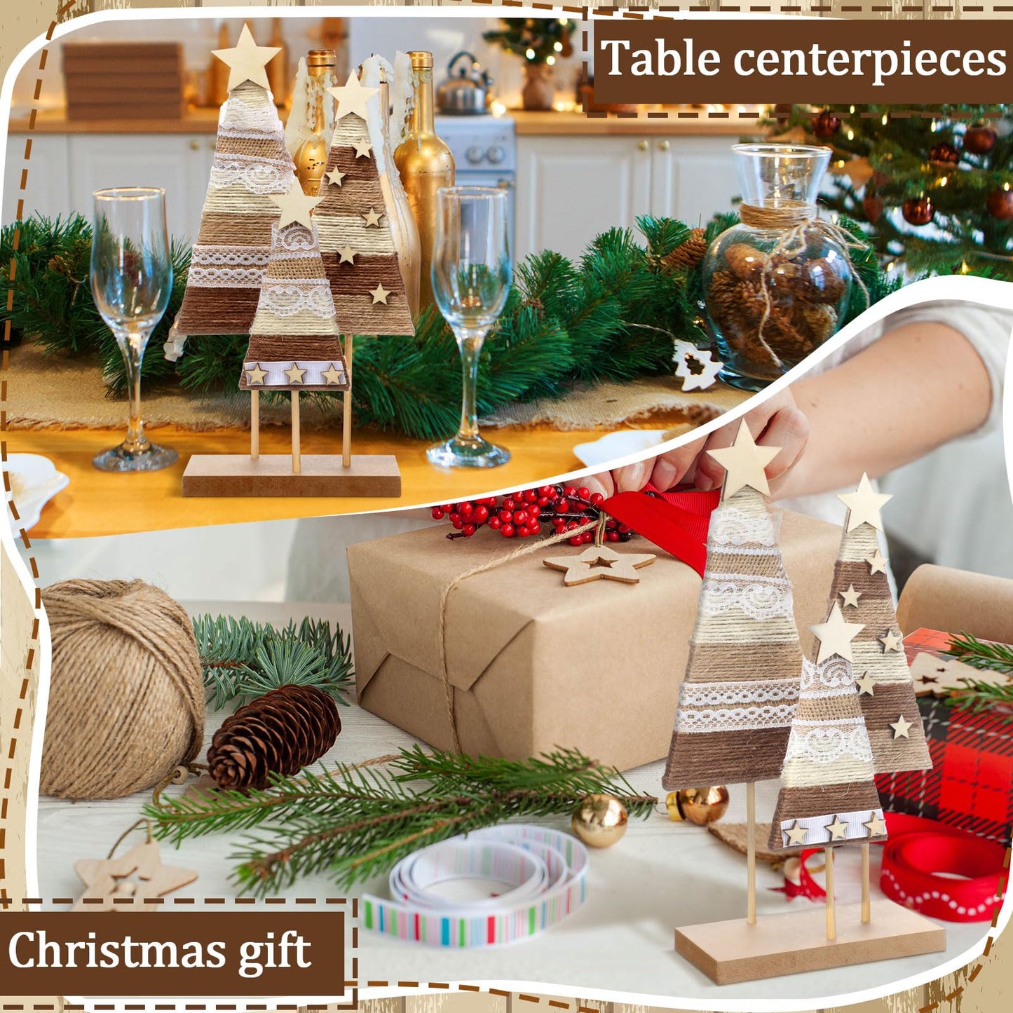Cinnvoice Farmhouse Wooden Christmas Trees Tabletop Decorations Boho Christmas Tabletop Decor Rustic Wood Xmas Trees Hemp Rope Centerpieces Table Signs Home Decor for Shelf Windowsill