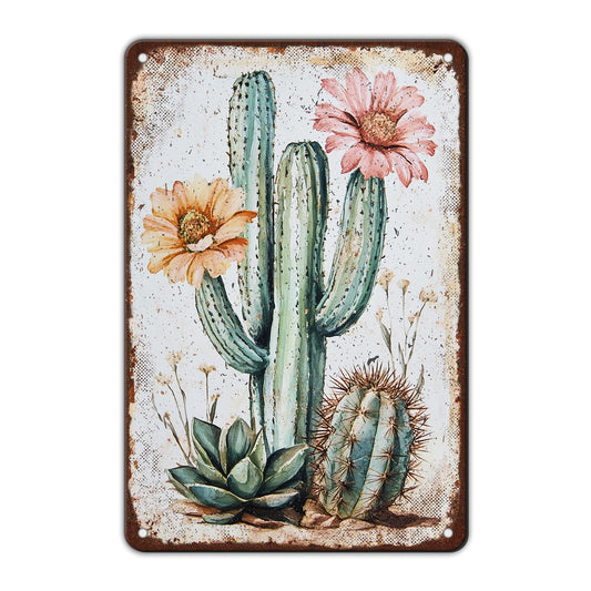 KIYOYO Bouquet Square Vintage Tin Sign Cactus Wall Art Cacti Art Wall Sign Decor for Home Kitchen Garage Outdoor Yard Farmhouse 8x12 Inch