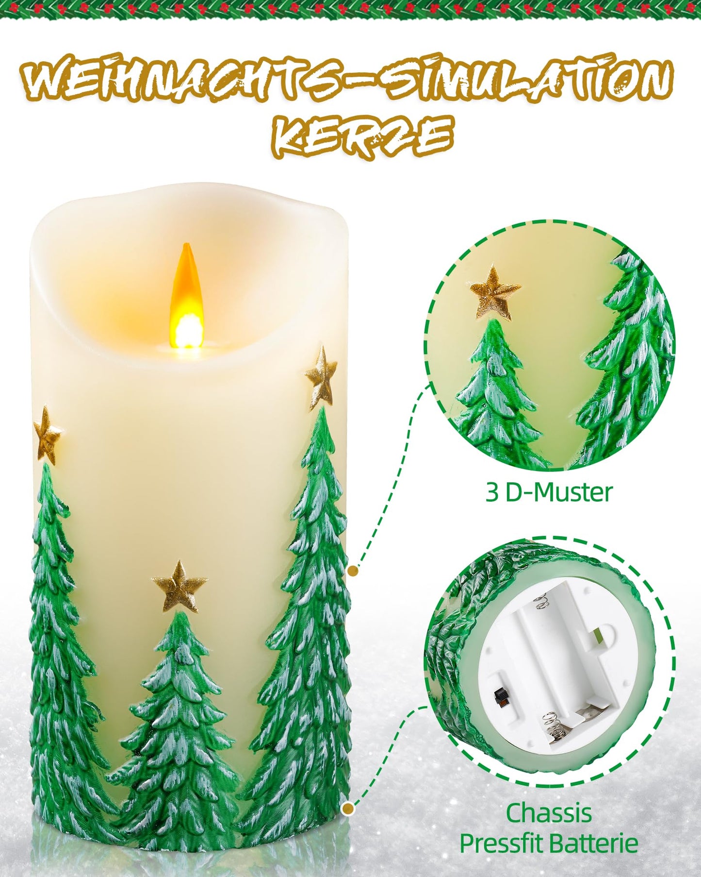 QQFCTOO Christmas Tree Flameless Candles with Flickering Flame - Battery Operated Candles with with Remote Control and Timer - Real Wax - unscented - Home/Holiday Decoration (3" x 6 ")