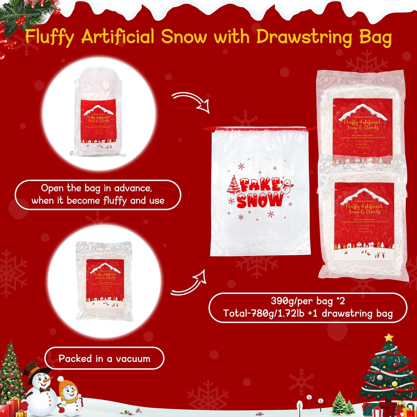 Fake Snow 780g/27.5oz Fluffy Artificial Snow for DIY Mantle Table Village Nativity Displays,Soft Cotton Fake Snow Clouds for Winter Christmas New Year Wedding Birthday Valentines Party Decoration