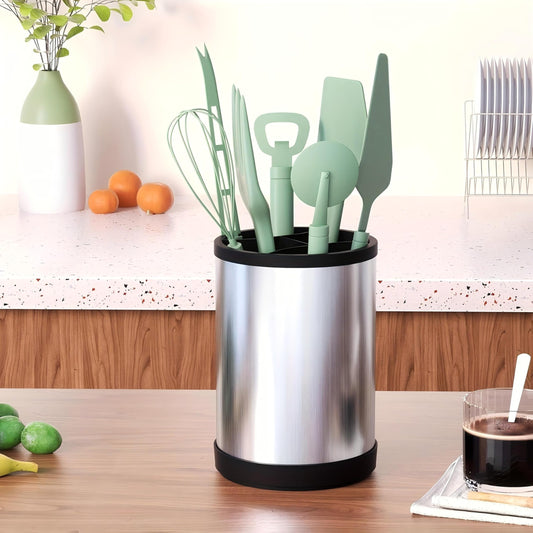 TIMENIL Kitchen Utensil Holder for Countertop, 360°Rotating Cooking Utensil Crocks，4 Compartment Stainless Steel Utensil Holder,6.7”Large Utensil Crock Spoon Fork Knife Holder For Kitchen Counter