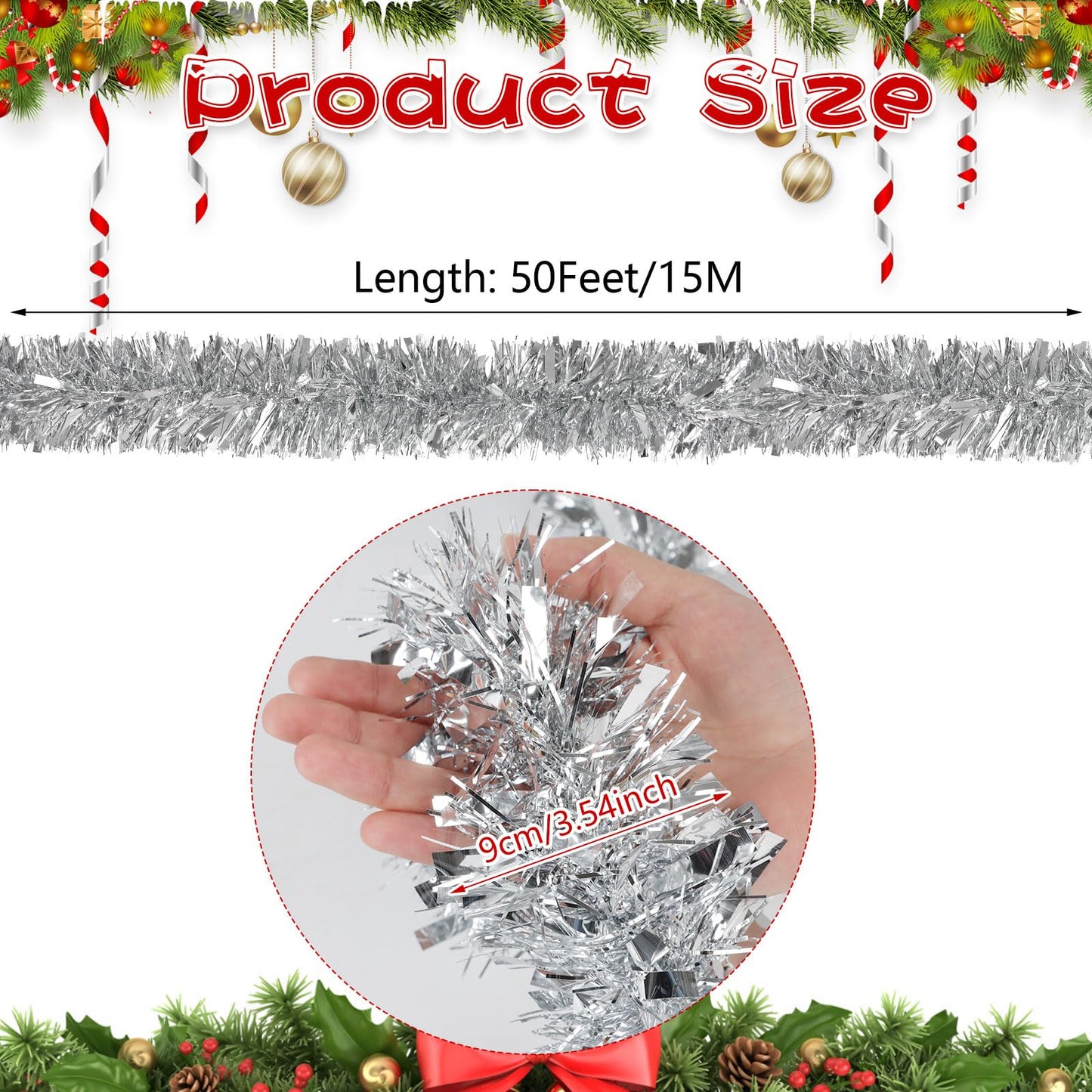 CCINEE Christmas Tinsel Garland, 50 Feet Silver Metallic Foil Hanging Tinsel Twist Garland for Xmas Tree Home Mantle Stair Fireplace Holiday Party Indoor Outdoor Christmas Decoration