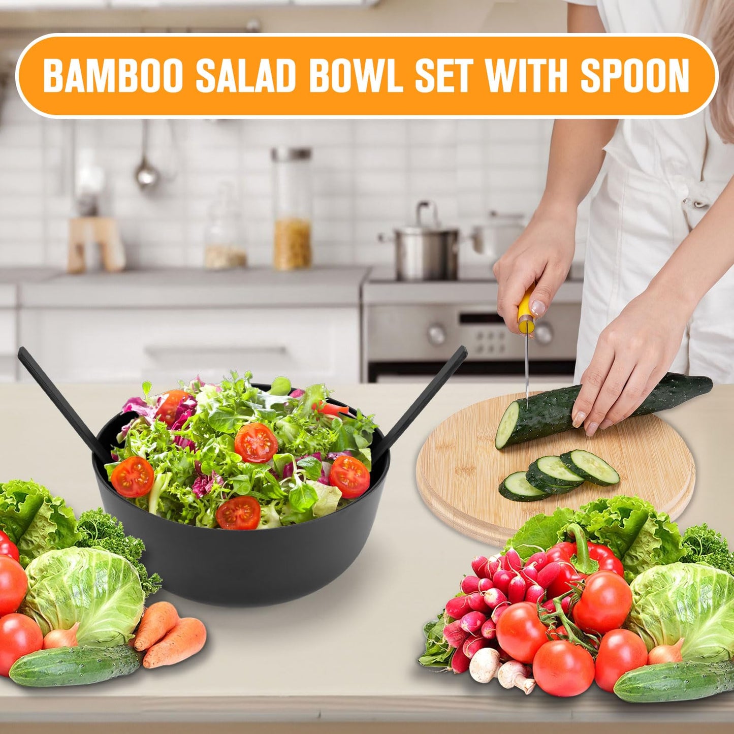 Bamboo Fiber Salad Bowl, Large Bamboo Salad Bowl with Lid Spoon and Fork, 9.8inches Mixing Bowl with Servers bamboo wooden salad bowl with lid for Salad Fruits Pasta Vegetables