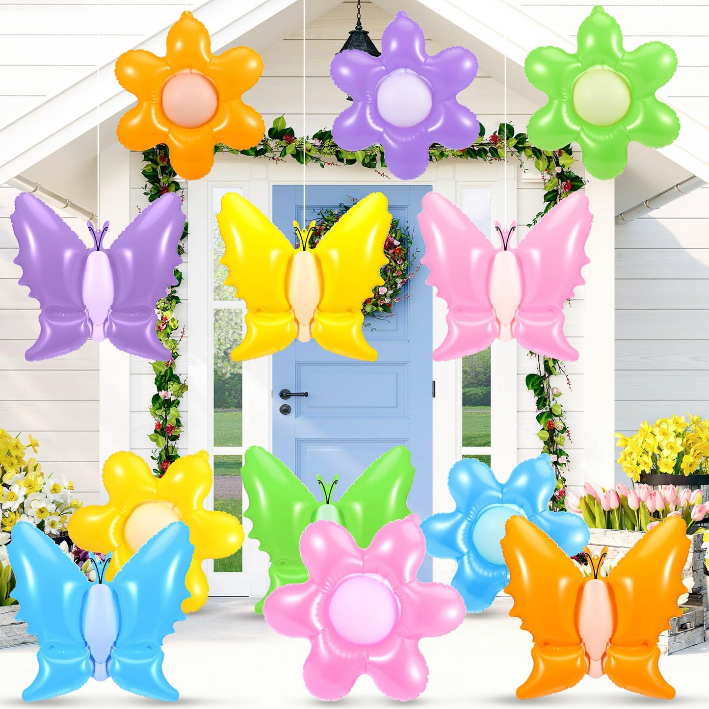 Realspring 12 Pcs 12 Inch Spring Summer Inflatable Outdoor Decorations Butterfly Flowers Inflatable Hanging Ornament Large PVC Spring Summer Butterfly Flowers Blow up Yard Party Indoor Outdoor Decor
