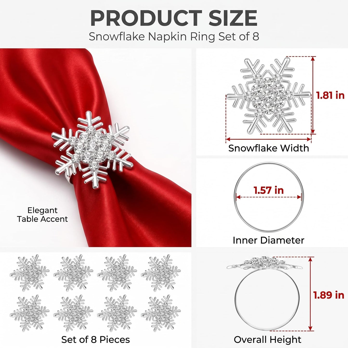 Christmas Napkin Rings Set of 8, Snowflake Metal Napkin Ring Holders, Silver Napkin Buckles for Christmas Table Decor, Holiday Party Dinner Wedding Banquet Table Settings Accessories