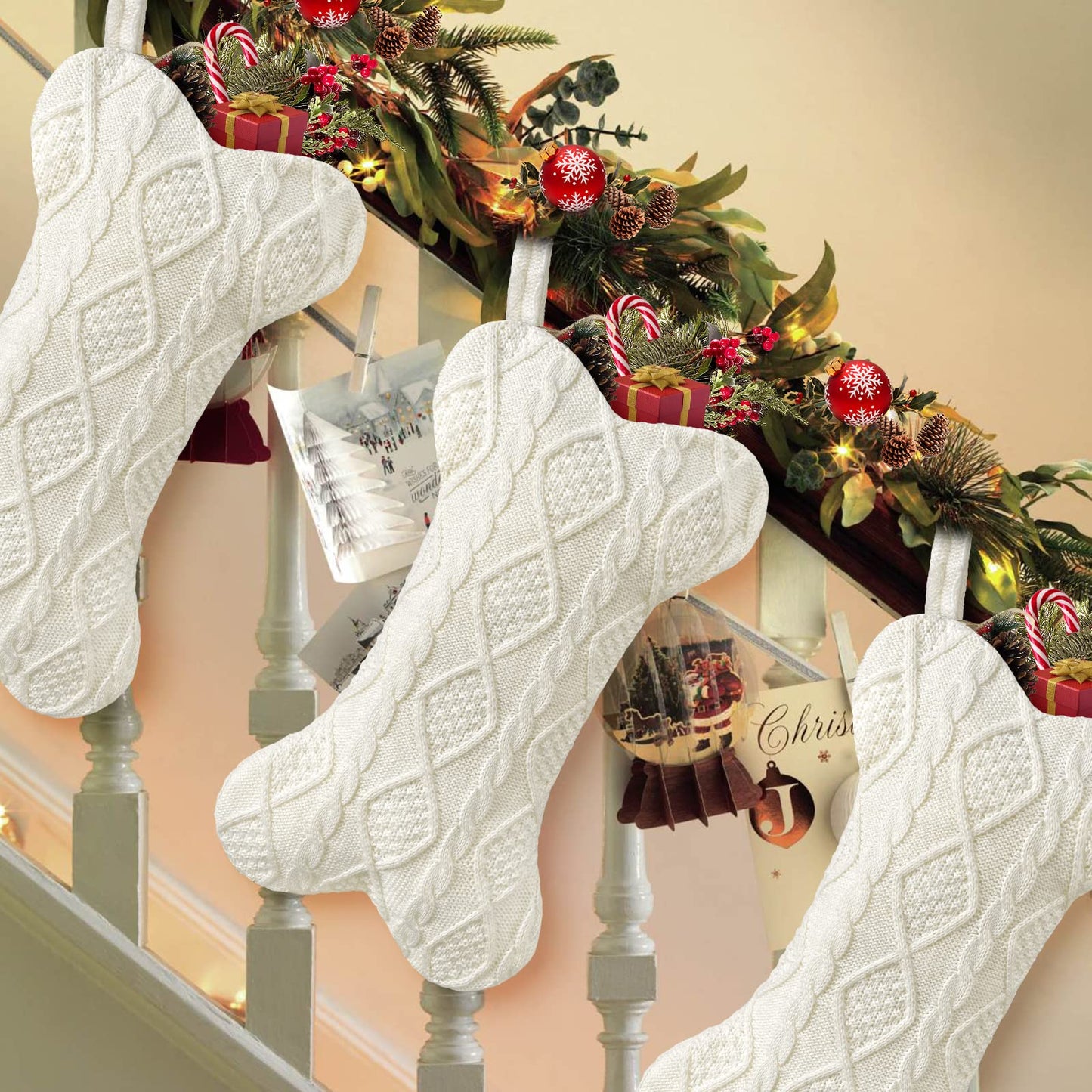 Malier Dog Christmas Stocking, Knit White Christmas Stocking for Dogs, Bone Shape Dog Stocking Christmas Large Pet Stockings Hanging Dog Christmas Stocking for Dogs Cats Pets (White)