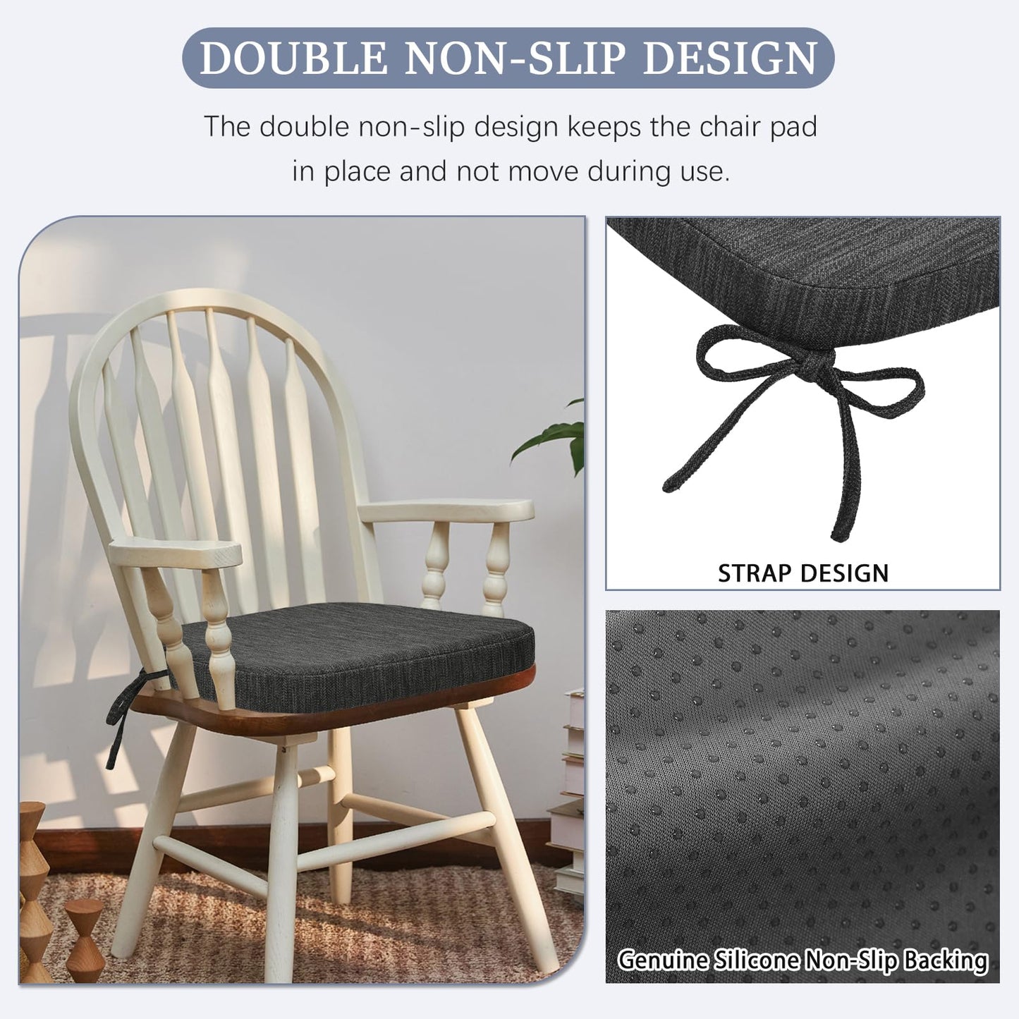 baibu Kitchen Chair Cushions, Dual-Layer Patented Design Molded Memory Foam Dining Chair Pads with Ties and Washable Cover, 17" x 16" x 2", Black