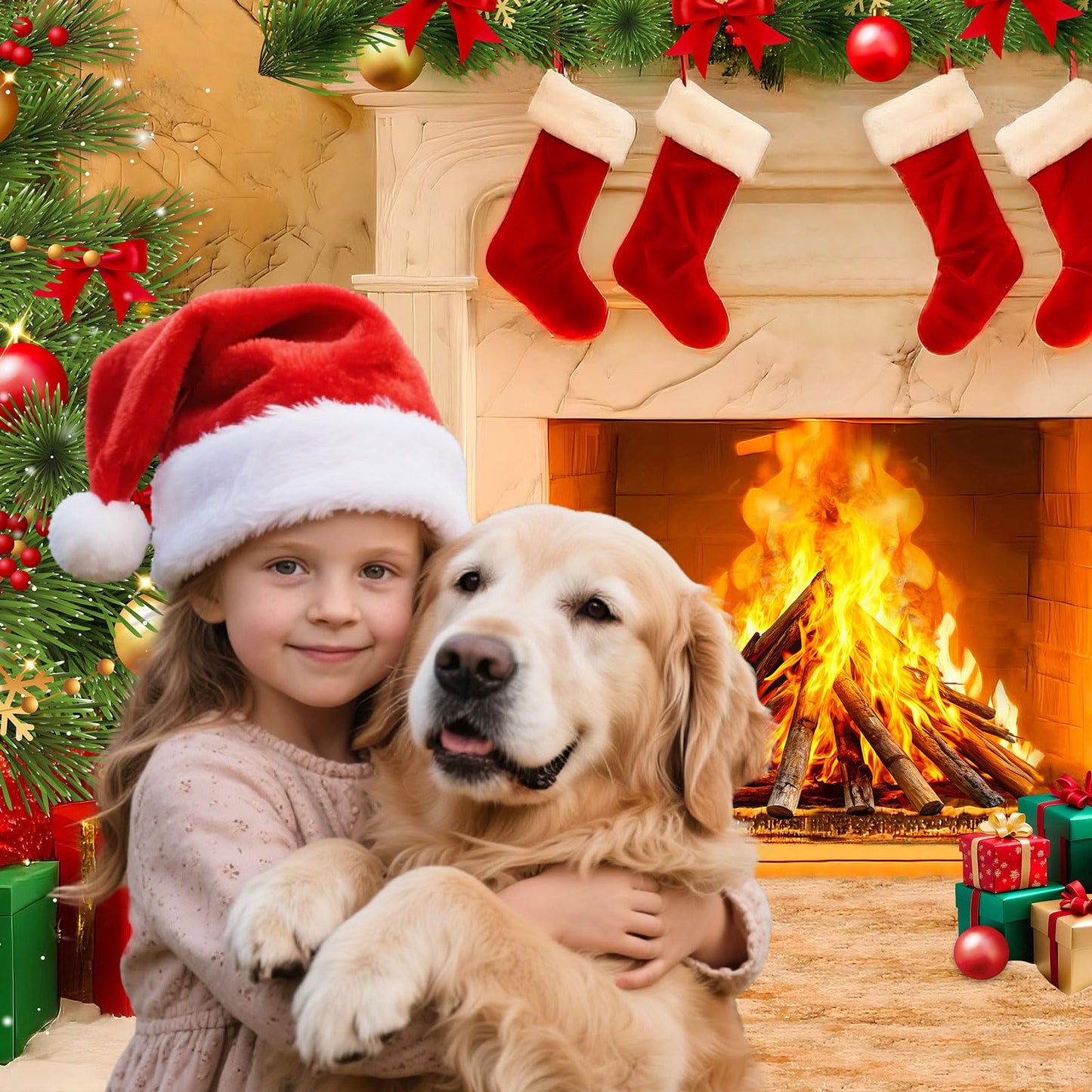 Christmas Backdrops for Photography, Fireplace Photo Backdrop for Wall Photoshoot, Xmas Background Holiday Party Tree Red Socks Gifts Decorations 7x5FT