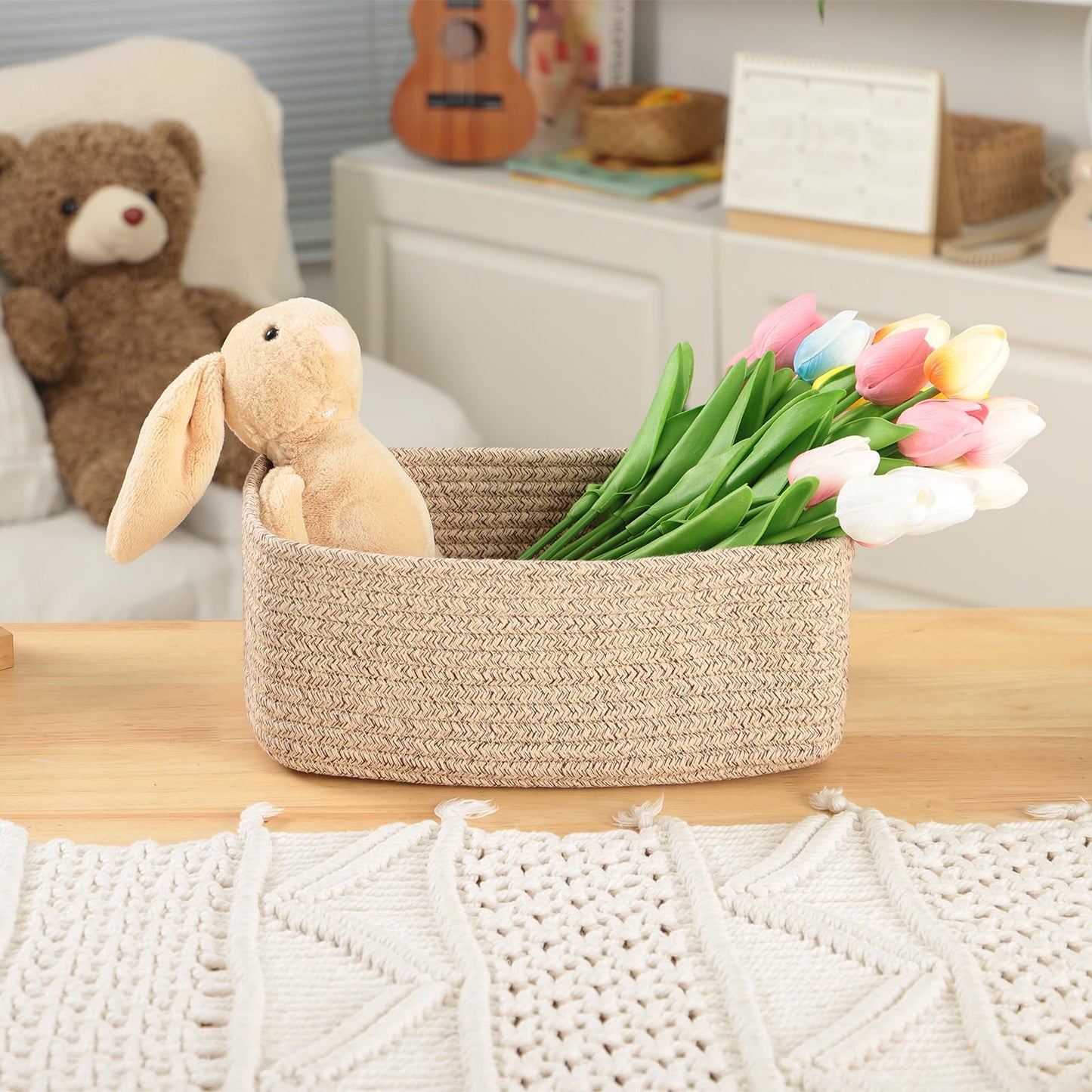MiniArk Small Storage Baskets for Organizing | Closet Organizer Bins | Shelf Toy Basket | Woven Rope Baskets | Cube Decorative Box | Shallow Basket | L11.5xW7.5xH4.7| Brown