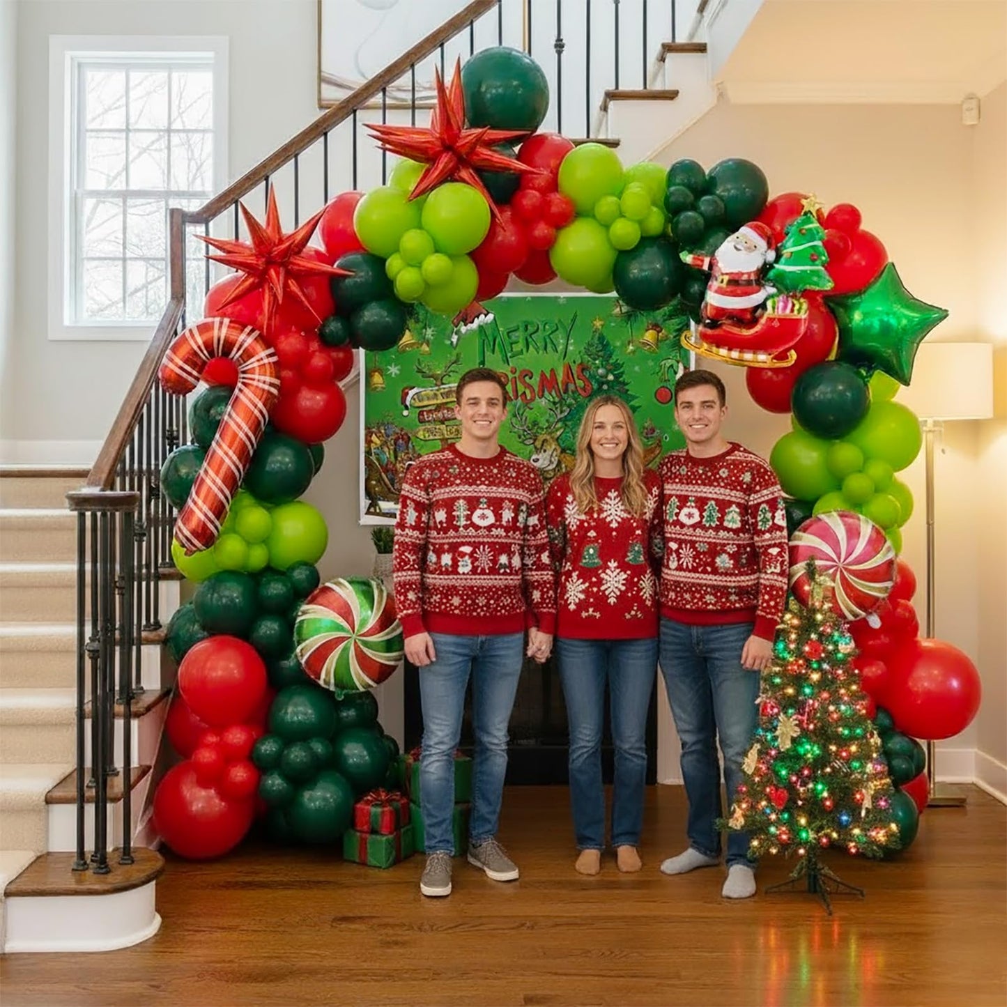 Christmas Balloon Garland Arch Kit with backdrop Xmas Red Green Balloons Candy Cane Santa Claus Star Foil Balloons for Christmas New Year Birthday Party Decorations