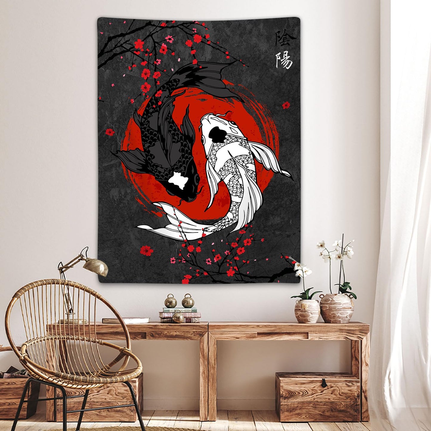 Sanzugh Japanese Yin Yang Koi Fish Tapestry, Cool Red and Black Anime Sakura Art Tapestries Vertical Wall Hanging for Men Bedroom Living Room Office Decor 40X60, Asian Cherry Blossoms Posters