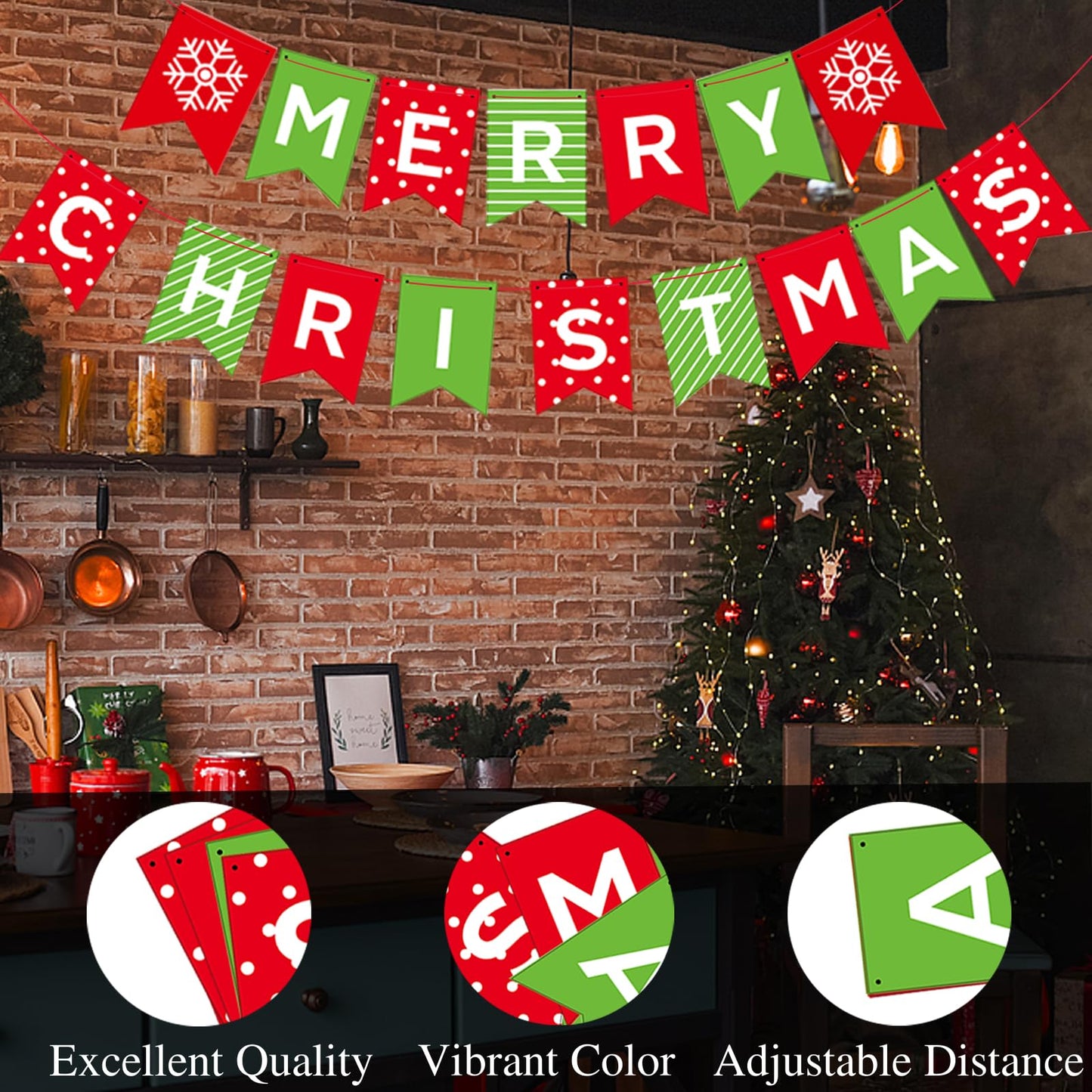 Merry Christmas Banner - Premium Heavyweight Paper Holiday Sign with String & Threading Needle for Indoor Fireplace, Wall, Windows | Traditional Festive Decor (Merry & Bright) (double-sided)