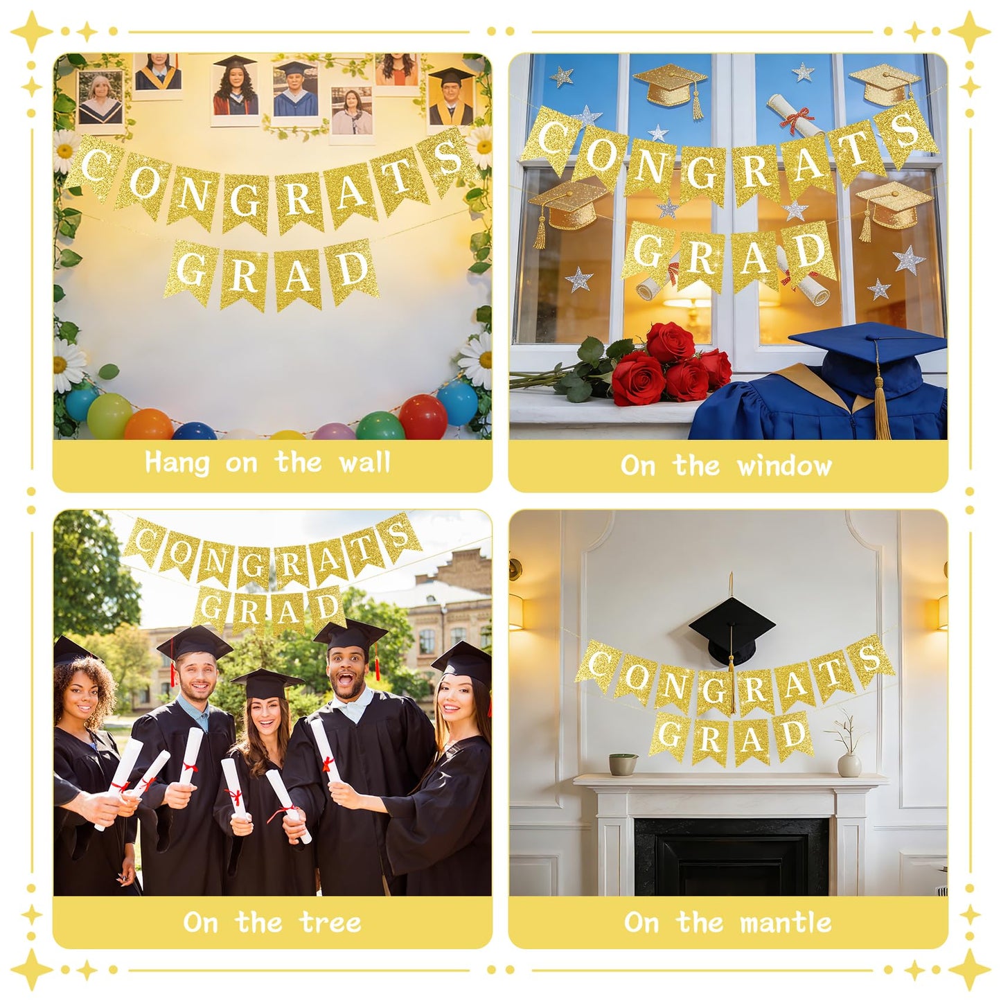 Pre-Strung Congrats Grad Banner - Glitter Graduation Party Decorations 2026, Large No DIY Class of 2026 Sign for High School College Masters Nursing Party Supplies, Sturdy Swallowtail Bunting (Golden )