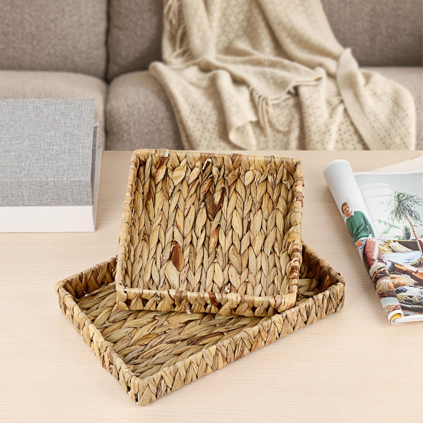 GUSHBIN Decorative Key Holder for Entryway Table Handwoven Natural Water Hyacinth Basket Tray Rectangular Serving Tray, 11.9" x 7.9" x 1.6"