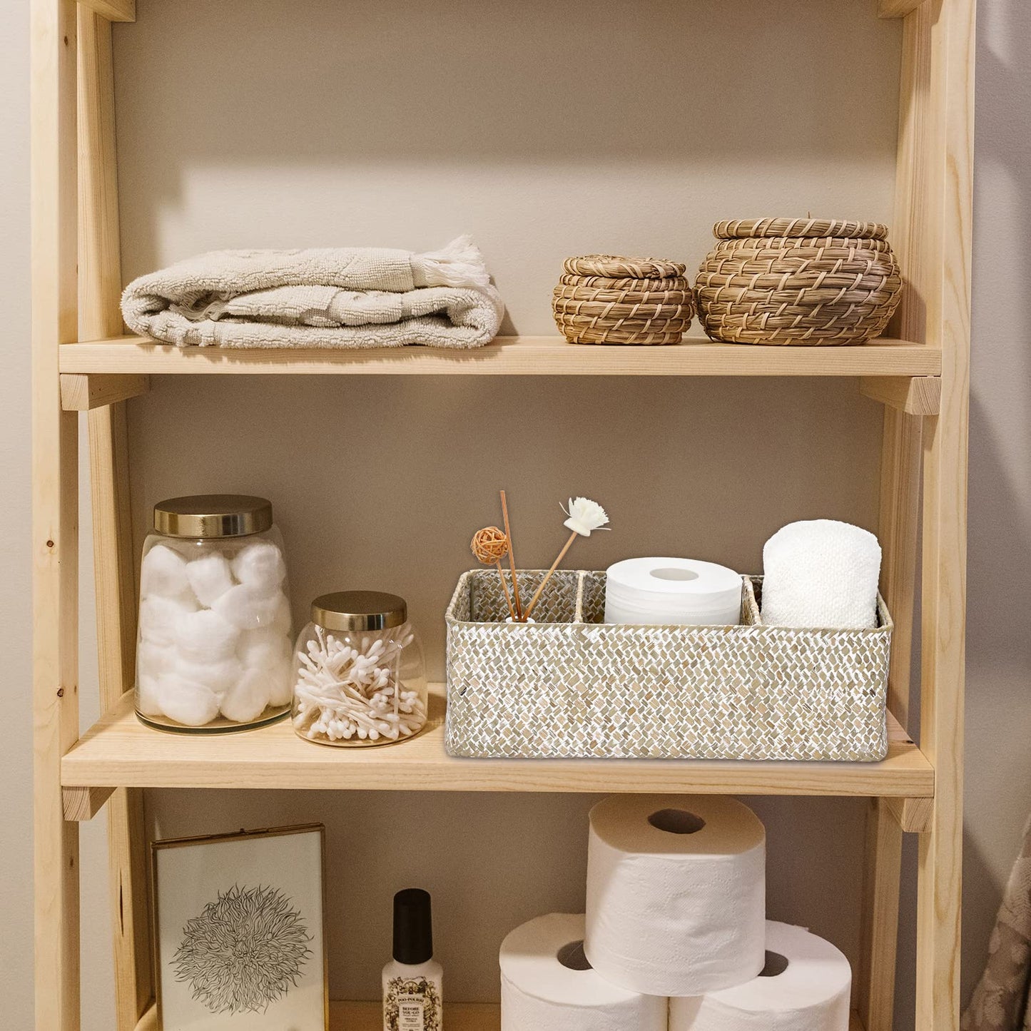 Hipiwe Seagrass Storage Basket Bin- 3 Sections Hand-Woven Toilet Basket Wicker Shelf Basket Bathroom Organizer Bins for Shelves, Kitchen, Pantry, Closets, Toilet Paper Tissue Organizer