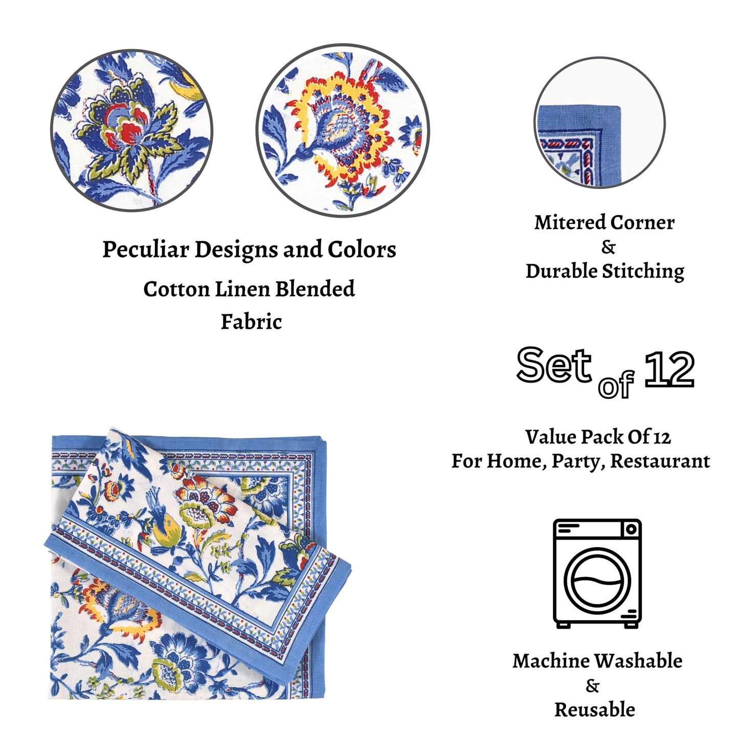 Fingercraft Cloth Napkins, Set of 12 Cotton Linen Blend Printed Dinner Napkins Cloth Mitered Corner Perfect for Parties Dinners Weddings Cocktail Christmas 20x20 Blue Floral