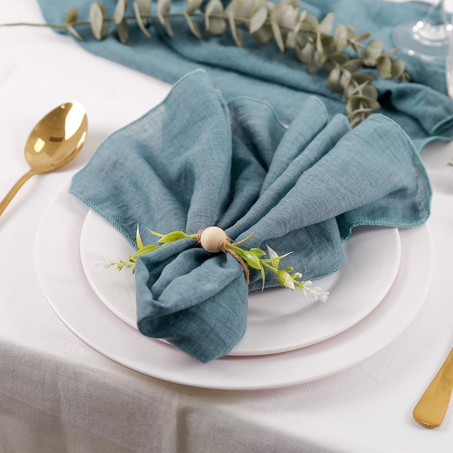 Getfitsoo Handmade Farmhouse Napkin Rings Set of 8, Eucalyptus Napkin Rings with Wooden Bead Greenery Leaves Rustic Napkins Holder for Easter Banquet Celebration, Wedding Parties Dinner Table Decor