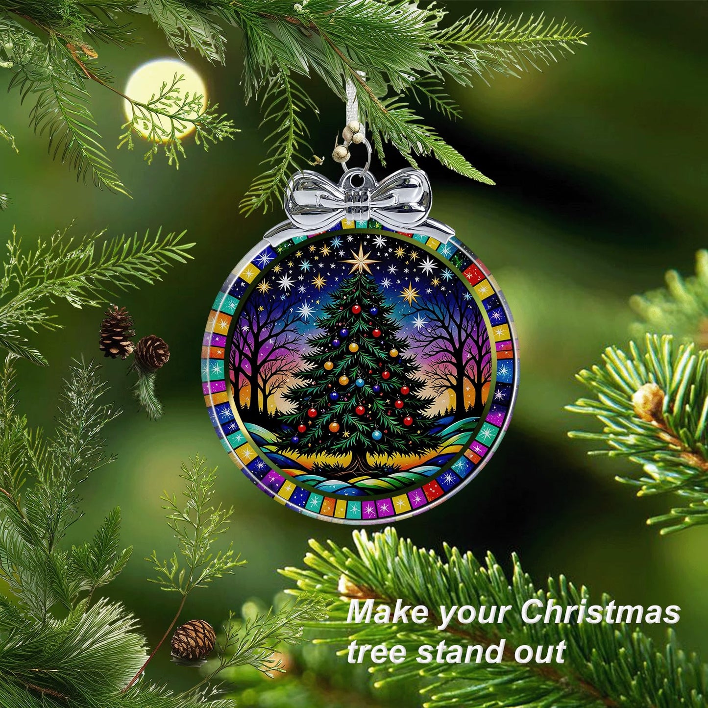 Starry Night Christmas Tree Stained Glass Christmas Ornament - Hanging Ornaments for Christmas Tree Decorations - Holiday Keepsake Present Exchange Idea