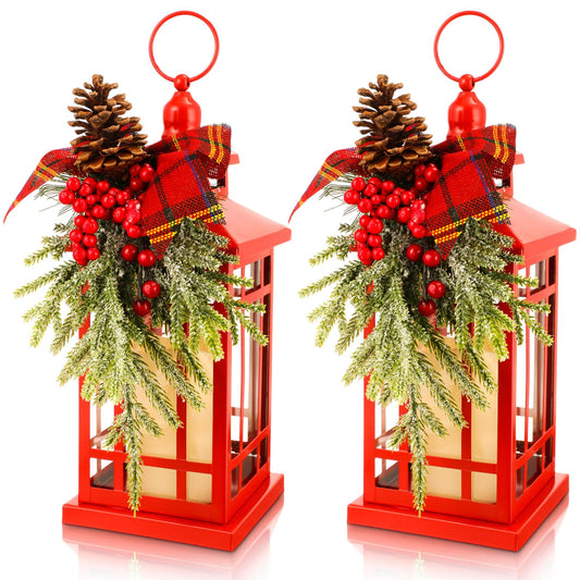 Tuanse 2 Pcs Christmas Decorative Lanterns Red Metal Hanging Candle Lantern Vintage Flameless Decorative Lanterns with LED Lights for Indoor Outdoor Home Table Porch