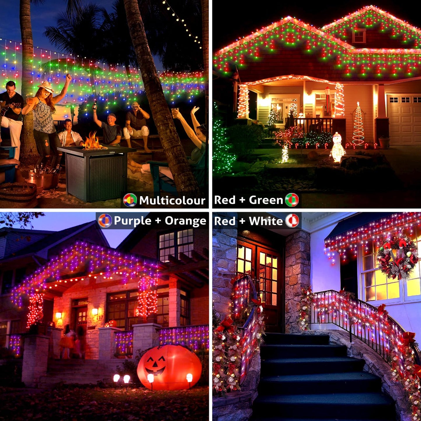 HGJ 49FT 128 Functions Christmas Icicle Lights Outdoor with 504 LED 8 Modes and Timer Curtain Lights Outside for Garden Holiday Gatherings Indoor Outdoor Decorations
