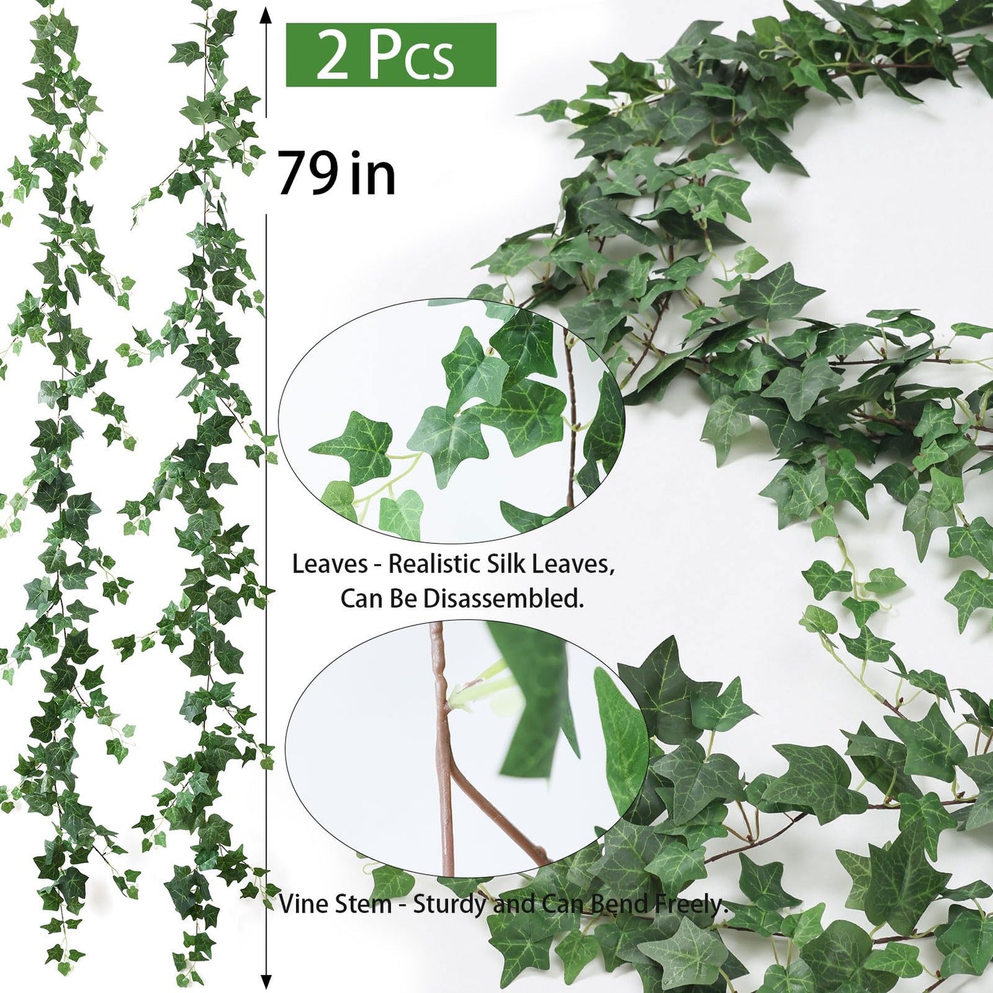 Mizii 2 Strands Artificial Vines Ivy Garland 79" Fake Vine with Silk Green Leaves Faux Hanging Plants Greenery Decoration for Outdoors Party Wedding Indoor Mantle Bedroom Home Decor (Ivy)