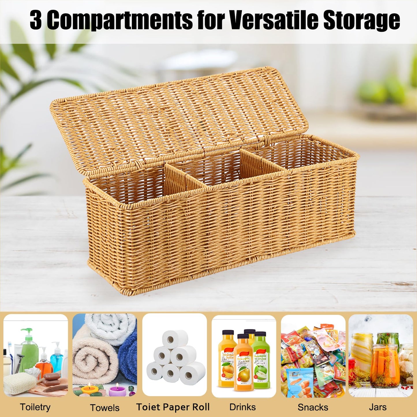 Sumnacon Wicker Storage Basket with Lid, Rectangular Narrow Baskets for Bathroom, Farmhouse Imitation Rattan Bin with Dividers, Decorative Handwoven Tray Organizer for Countertop Shelves Toilet Tank