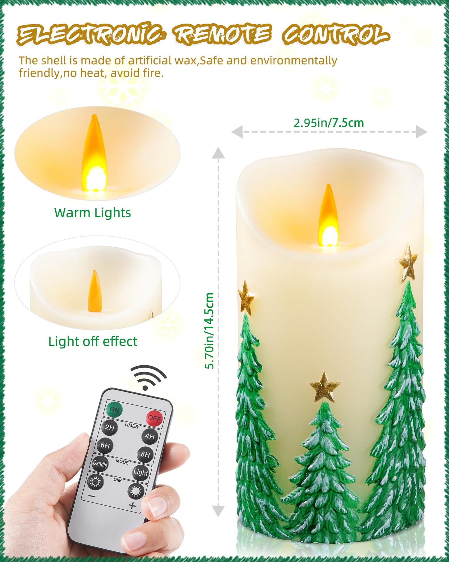 QQFCTOO Christmas Tree Flameless Candles with Flickering Flame - Battery Operated Candles with with Remote Control and Timer - Real Wax - unscented - Home/Holiday Decoration (3" x 6 ")
