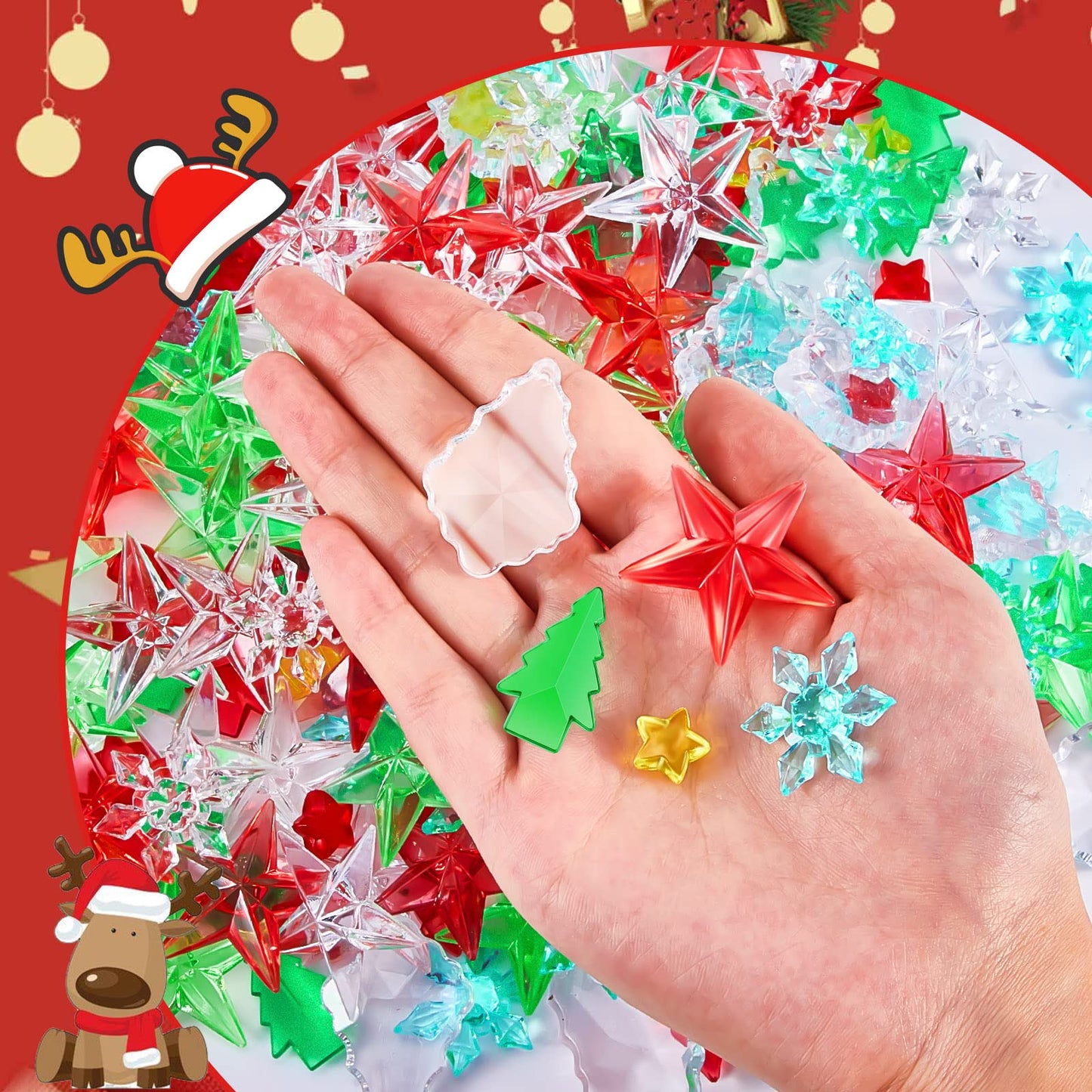 Deekin 240 Pcs Mini Christmas Party Decorations, Small Acrylic Christmas Tree Star Snowflake Ornaments, Miniature Ornaments Filler Table Scatter Vase Filler for Holiday Wreath Tree Gift DIY Craft