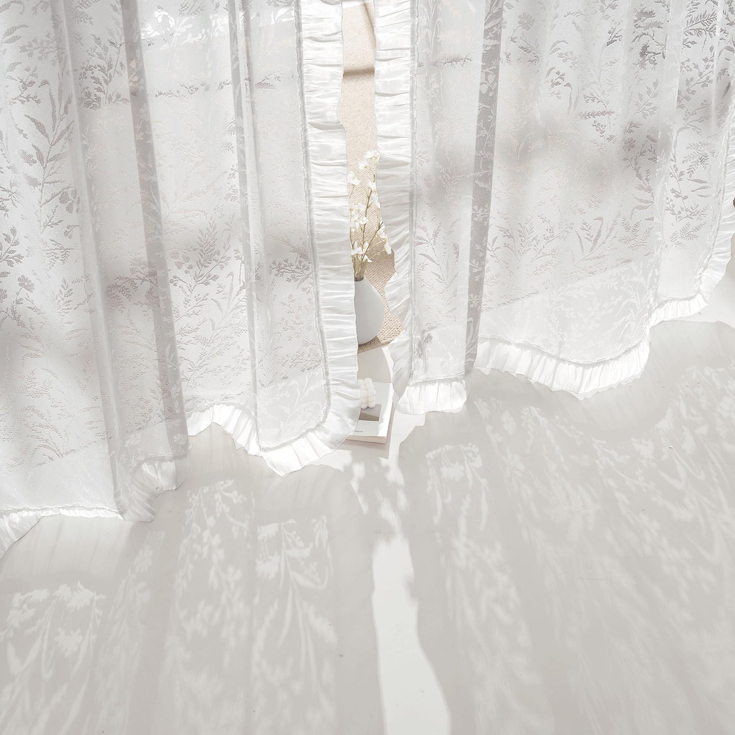 NICETOWN White Sheer Shabby Chic Lace Curtains for Bedroom, Rod Pocket & Back Tab Leaf Pattern Semi Sheer Window Treatments Privacy with Light Filtering for Living Room, 2 Panels