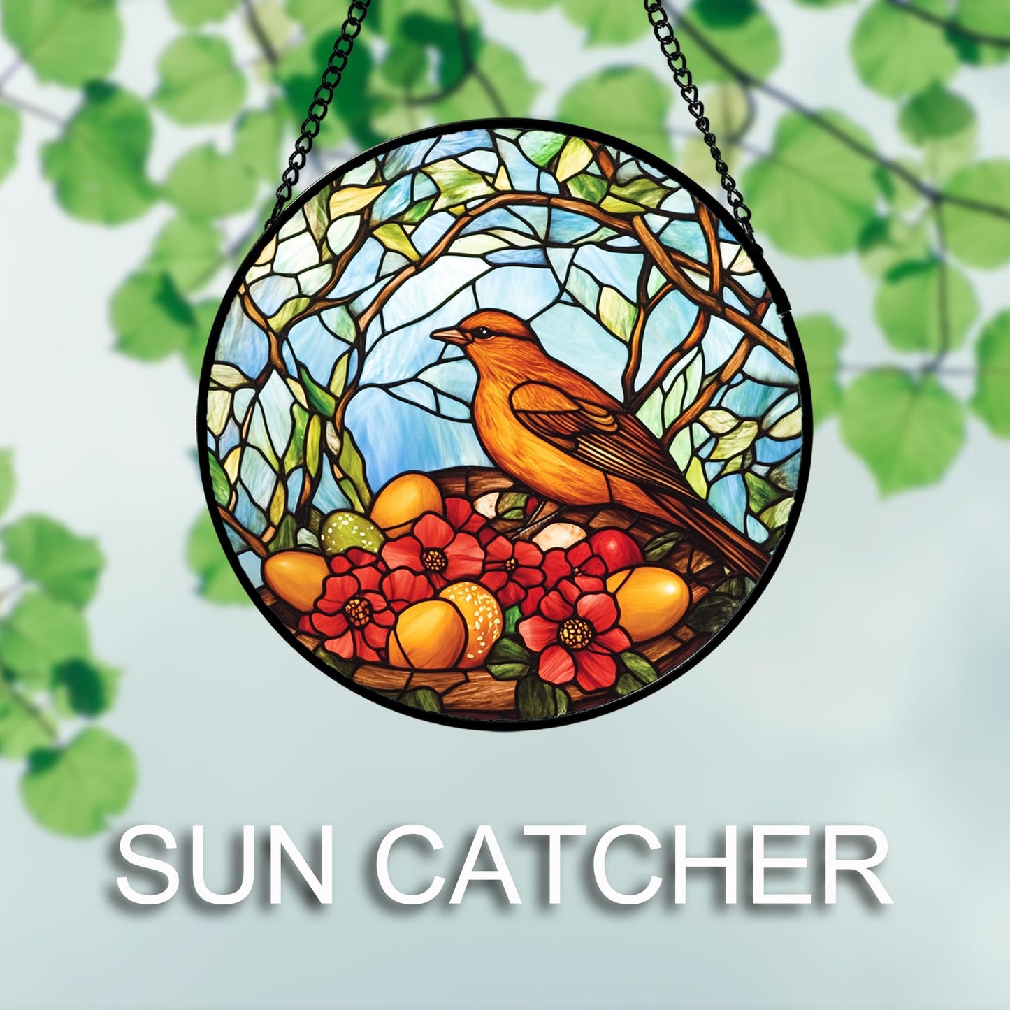 QZQCBLC Stained Glass Window Hanging Birds Build Nests On The Branches 6.3" - Suncatcher Door Garden Sun Catcher Decor Birthday Xmas for Bird Lovers Woman Men Nana Friend