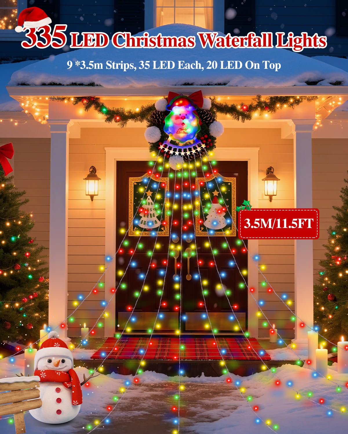 Christmas Waterfall Outdoor String Lights, Christmas Tree Lights with Topper 335 LED 11.48ft 9 Strands, 8 Lighting Modes Holiday New Year Decoration Lights for Wedding Yard Party Home Indoor Decor