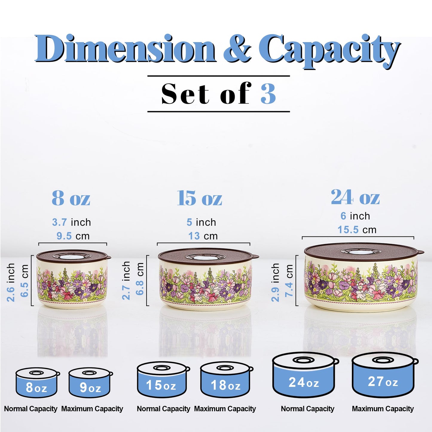 TAUFIKT Food Storage Containers with Lids, 4"/ 5"/ 6" Nesting Bowls Set, Serving Bowls with Lids Set, Pasta Ceramic Bowls Set Decorative Bowl for Soup, Stew, Cereal, Microwave and Oven Safe (Rose)