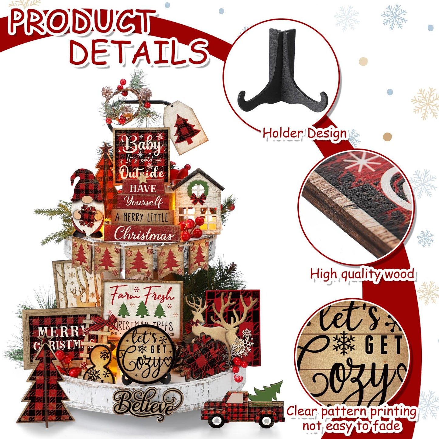 Shellwei 24 Pcs Christmas Tiered Tray Decor Wood Rustic Christmas Decoration for Home Table Shelf Winter Farmhouse Decor Xmas Trees Gnome Elk Snowflake Signs (Buffalo Plaid)