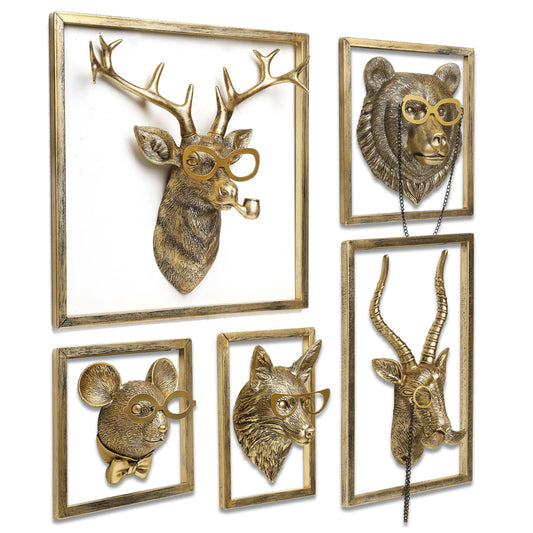 Newinhome Animal Heads Wall Decor (5pcs, Includes Metal Frame) Resin Animals Sculptures Head Wall Hanging Decoration Gold vintage Wall Sculpture for Living Room Bedroom Office