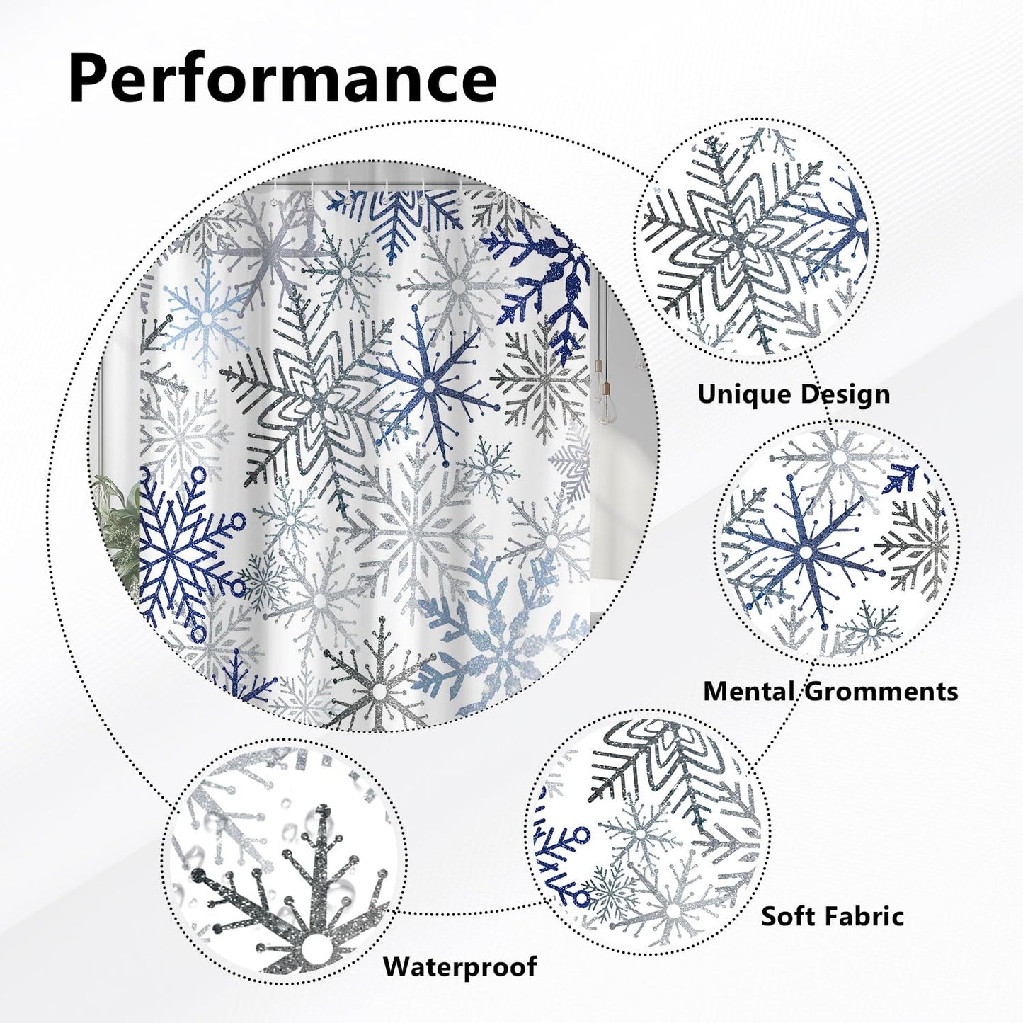 Raoycla Christmas Snowflake Shower Curtain, Blue Xmas Winter Snow Bathroom Decor, Silver Grey Snowflake Christmas Holiday Simple Shower Curtains for Bathroom 72 x 72 Inch with 12 Hooks