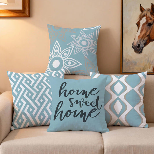 Hexagram Outdoor Throw Pillow Covers 18x18 Set of 4, Decorative Geometric Modern Boho Blue Pillow Covers, Home Sweet Home Farmhouse Cushion Case for Couch Sofa Indoor Bedroom Decor(No Insert)