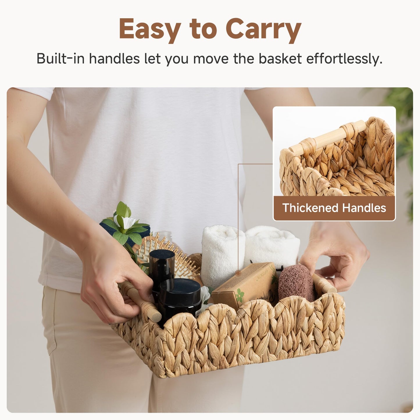 StorageWorks Toilet Paper Basket 2 Pack, Back of Toilet Basket with Wooden Handles, Small Wicker Decorative Scalloped Baskets for Organizing, Living Room Storage, Natural Water Hyacinth