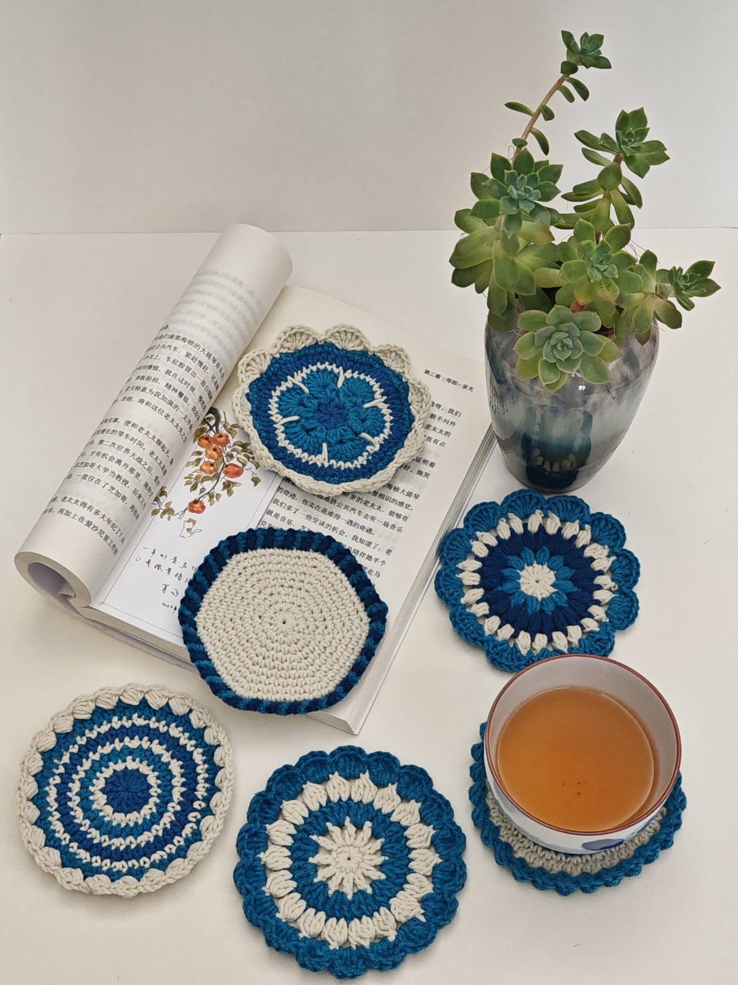 Handmade Crocheted Pure Cotton Coasters, 6-piece Set of Coasters, for Desktop Protection, Home Decoration, Suitable for Weddings, Housewarming, Birthdays